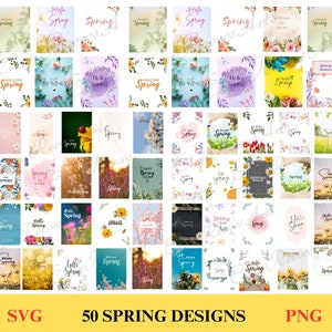 Conjunto de 50 cartões SVG de primavera | Pacote Hello Spring | Flores de grama verde, estampas florais de pássaros | Arte de jardim de primavera