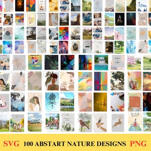 100 natuuraquarelkunstafdrukken | Bergen, abstracte bloemen | Bundel met op de natuur geïnspireerde muurkunst en cadeaubonnen