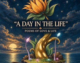 Könnte beinhalten: Ein Buchcover mit dem Titel A DAY IN THE LIFE POEMS OF LOVE & LIFE zeigt eine große gelbe Blume auf einer kleinen Insel im nächtlichen Ozean. Die Szene umfasst ein kleines Holzboot, leuchtende Pilze und einen Vollmond am sternenklaren Himmel.