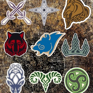 May include: Nine different house sigils from the popular fantasy television series Game of Thrones. The sigils are depicted in a circular arrangement on a brown, textured background. The sigils include a direwolf, a lion, a stag, a dragon, a bear, a horse, a hand, a fish, and a sword.
