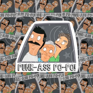 May include: A sticker featuring a cartoon image of three people in a photo booth. The text "Punk-Ass Po-Po!" is printed on the sticker. The sticker is surrounded by a repeating pattern of the same image.