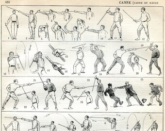1897 Vintage Fencing Print. Fighting Cane Sport Antique Print. - Etsy