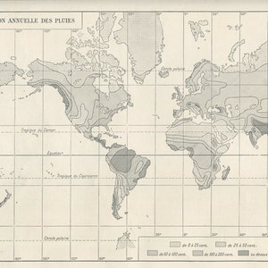 1930's Vintage Regenval Wereldkaart 1930. Oude klimaatkaart. Neerslagkaart. Originele Franse Larousse Print. Cadeau voor klimatoloog.