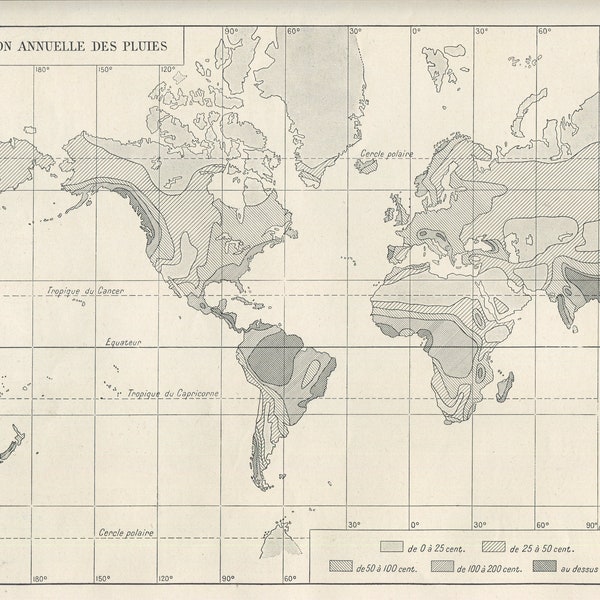 1930's Vintage Rainfall World Map 1930. Old Climate Map. Precipitation map. Original French Larousse Print. Gift for climatologist.