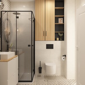 Può includere: Un bagno moderno con pareti in piastrelle bianche, una doccia in vetro con cornice nera, un water bianco e un armadio in legno con ripiani neri. Il pavimento è piastrellato con un motivo geometrico.