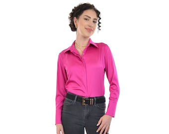 Ruby Women&#39;s Blouse Silky Satin Button Down Long Sleeve (Fushia Pink)