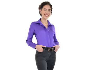 Ruby Women&#39;s Blouse Silky Satin Button Down Long Sleeve (Purple) - New Nora, now called Ruby