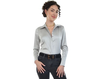 Silky Satin Blouse - Women's Long Sleeve Charmeuse Button Down