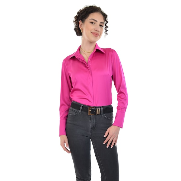 Ruby Women's Blouse Silky Satin Button Down Long Sleeve (Fushia Pink)