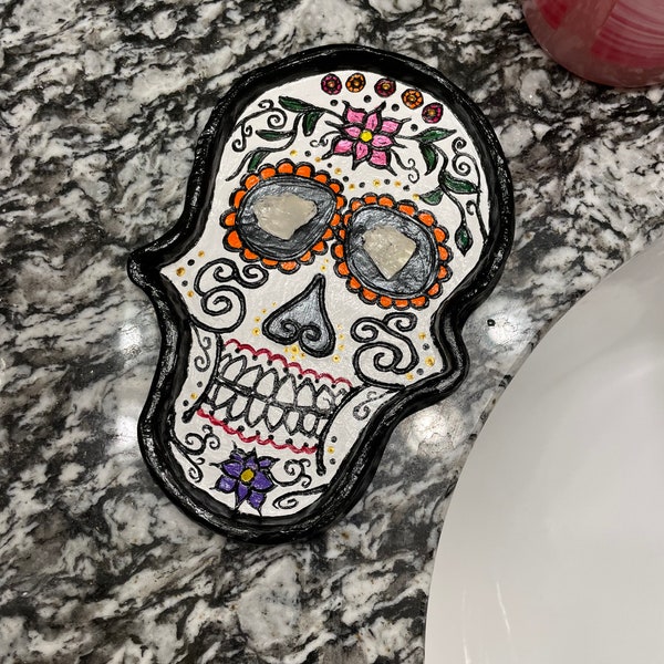 Clay Sugar Skull Trinket Dish | Handmade | Trinket Tray | Crystal Tray | Jewelry Dish | Clay Trinket Dish