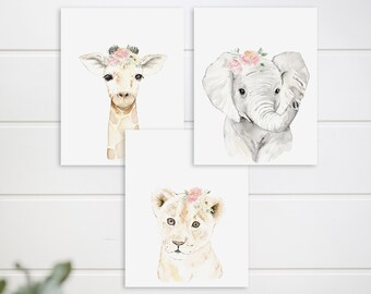 Floral Safari Animal Prints/nursery art/jungle/baby animals/8x10 watercolor/girl