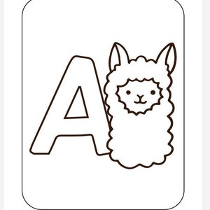 May include: Black and white illustration of the letter A with a cartoon llama next to it.