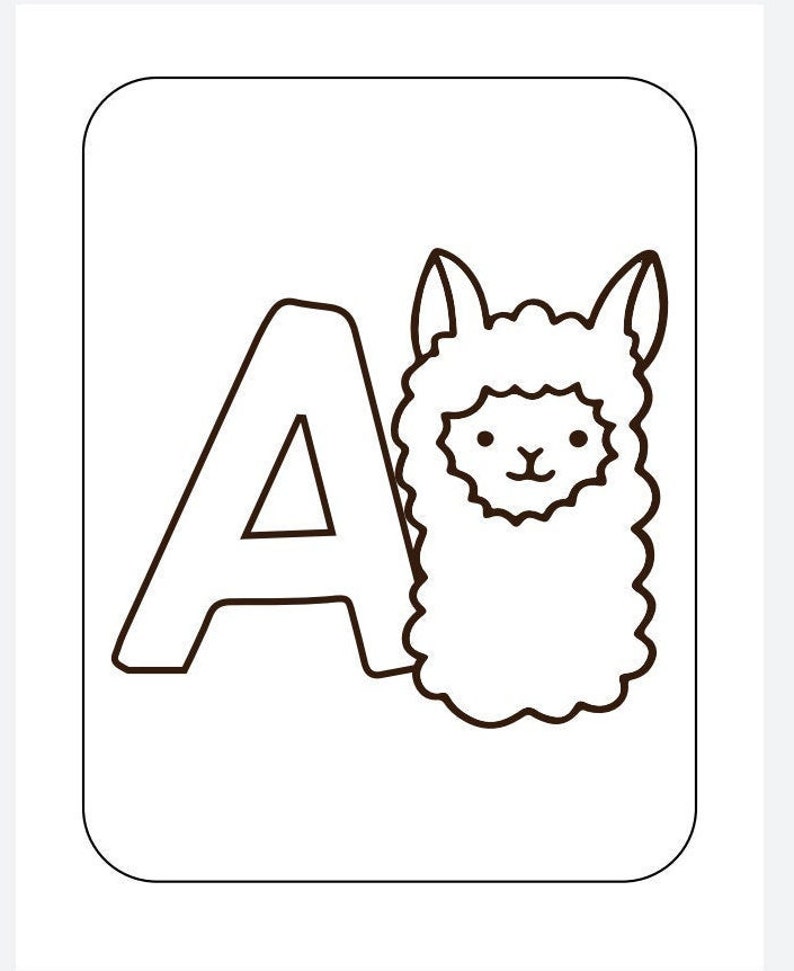May include: Black and white illustration of the letter A with a cartoon llama next to it.