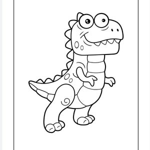 May include: A black and white line drawing of a cartoon dinosaur with a big smile and large eyes.