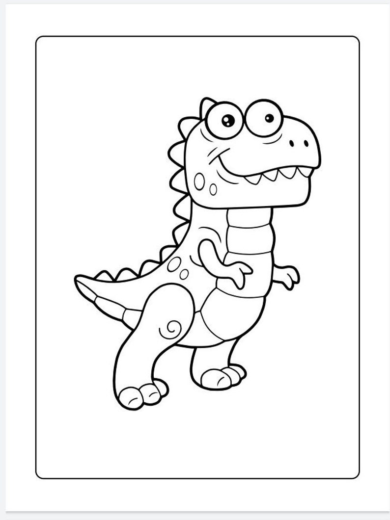 May include: A black and white line drawing of a cartoon dinosaur with a big smile and large eyes.