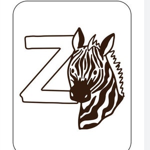 May include: Black and white illustration of a zebra with the letter Z in front of it.