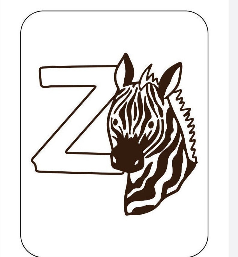 May include: Black and white illustration of a zebra with the letter Z in front of it.