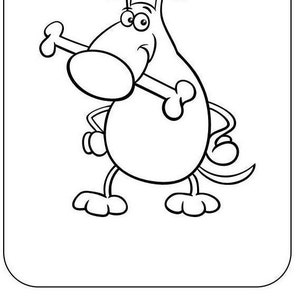 May include: Black and white line drawing of a cartoon dog holding a bone in its mouth.