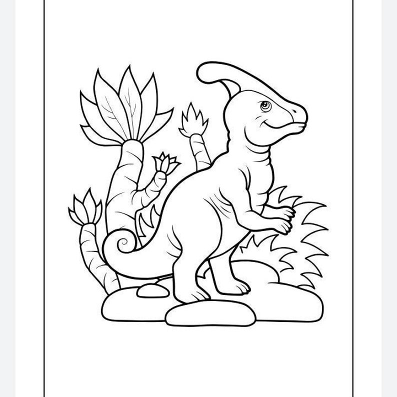 May include: A black and white line drawing of a dinosaur standing on a rock with plants behind it. The dinosaur has a long neck and a small head with a crest on top.