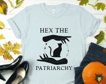 Camiseta feminista de Halloween, Hex the Patriarchy, Camiseta pagana de bruja linda, Camisetas de la temporada espeluznante, Camiseta de derechos de la mujer, Gato celestial, Camiseta de brujería
