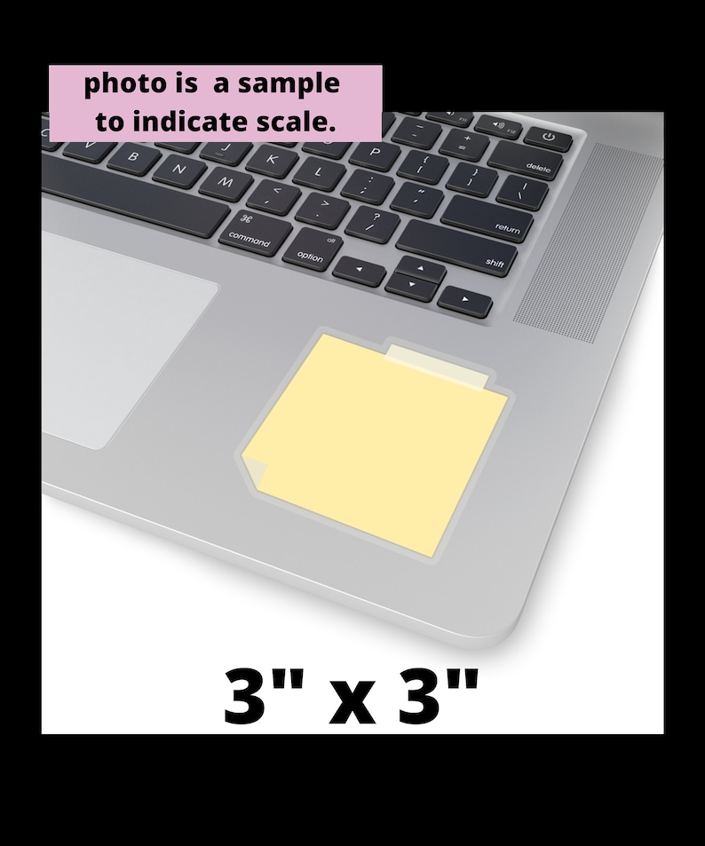 May include: A yellow sticky note with a folded corner, measuring 3 inches by 3 inches, is placed on a silver laptop keyboard.