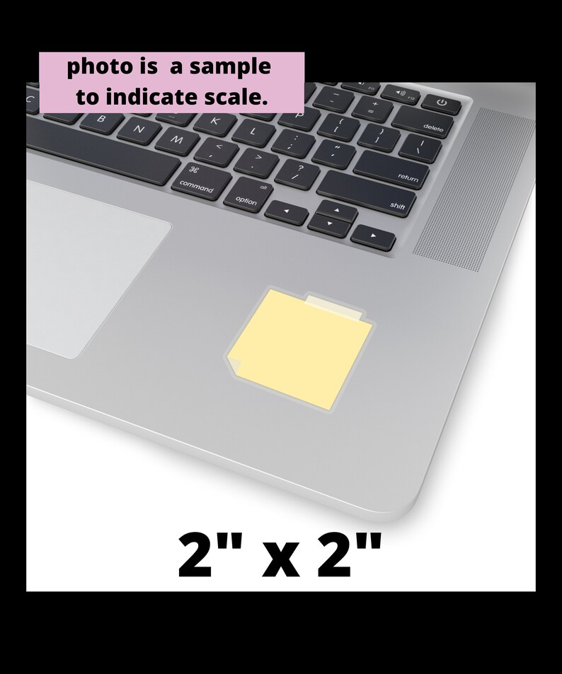 May include: A yellow sticky note with a folder icon on a silver laptop keyboard. The note is 2 inches by 2 inches.