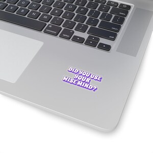 Puede incluir: Una pegatina con un contorno morado y texto blanco que dice "Did you use your wise mind?" en un port&aacute;til plateado.