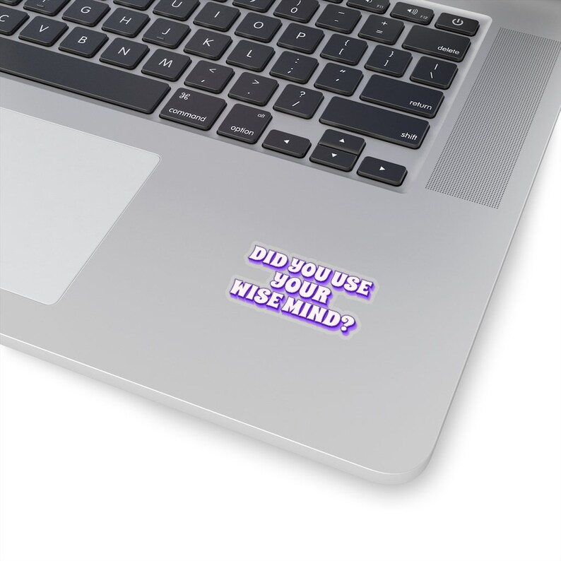 Puede incluir: Una pegatina con un contorno morado y texto blanco que dice "Did you use your wise mind?" en un port&aacute;til plateado.