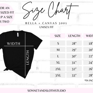 Pu&ograve; includere: Tabella delle taglie per t-shirt unisex Bella + Canvas 3001. La tabella mostra le misure in pollici per le taglie S, M, L, XL, 2XL e 3XL. La tabella include le misure di lunghezza e larghezza.
