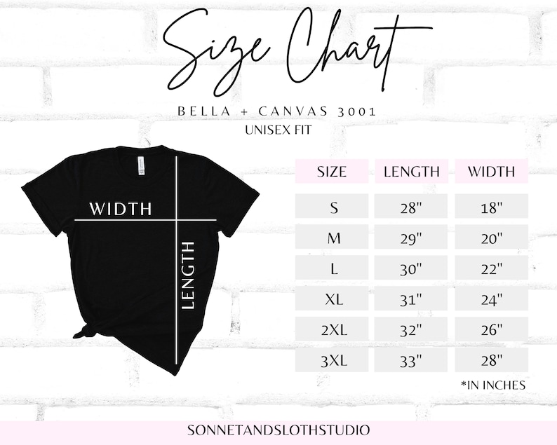 May include: Size chart for Bella + Canvas 3001 unisex t-shirts. The chart shows measurements in inches for sizes S through 3XL, including length and width.