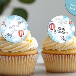 Topper per torta in tazza con fata di aereo + mongolfiera personalizzati, in carta di riso commestibile, con nuvole, per compleanno, battesimo, baby shower, festa, regalo