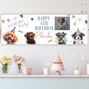 Personalisierte Fotografie Hund Geburtstag Banner Wand Poster Geburtstag Party Tier Hund Mädchen Junge Haustier Liebhaber Geschenk Zuhause Aquarell Pfote Knochen Dekor