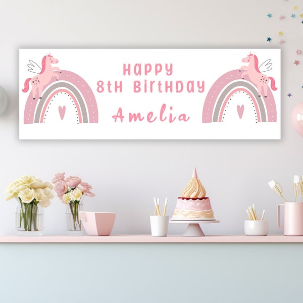 Personalised Happy Birthday Banner Pink Rainbow Unicorn D1 Wall Poster Party Kids Party Pink Purple Theme Girls Womens