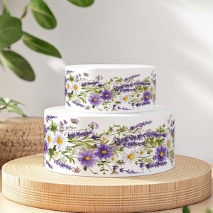 Wild Meadow Flowers Cake Wrap, Lilac Watercolour Floral Ribbon Border ICING sheet, Birthday, Anniversary Baking Supplies, Edible Topper Mom