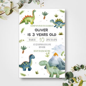 Invitaciones personalizadas de fiesta de cumpleaños de dinosaurio lindo D6 / Invitación / Tarjeta / Niños / T-rex / Rugido / Pastel / Tema salvaje / Niños / Niñas / Decoración