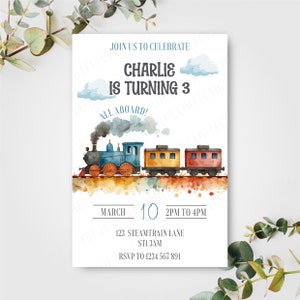 Convite bonito personalizado do aniversário do trem | Convites para festas | Cartões | Crianças | Celebração | Meninos | Aquarela | Choo | Todos a bordo