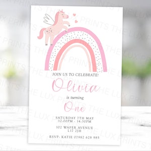 Personalised D2 Pink Rainbow Unicorn Birthday Party Invites Cards Invitation Kids