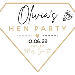 May include: A diamond-shaped graphic with the text "Olivia's HEN PARTY" in black and gold. The date "10.06.23" is centered below the text, with "Future Mrs Smith" below. A diamond illustration is in the upper right corner.