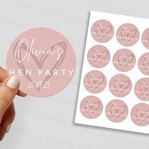 Personalised Hen Party Stickers, Pink Heart, Customised Decal, Round Sticker, Sticker Pack, Wedding, Bridal Shower Label, Party Favours