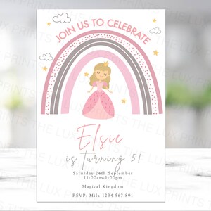 Personalised Princess Rainbow D2 Birthday Party Girls Invites Cards Invitations Kids Gift