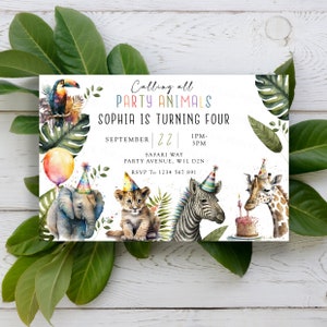 Personalised Cute Party Safari Animals Invitations Birthday Party Kids Cards Invites Jungle Animals Zoo Animals Lion Elephant Boy Girl Zebra