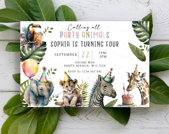 Personalised Cute Party Safari Animals Invitations Birthday Party Kids Cards Invites Jungle Animals Zoo Animals Lion Elephant Boy Girl Zebra
