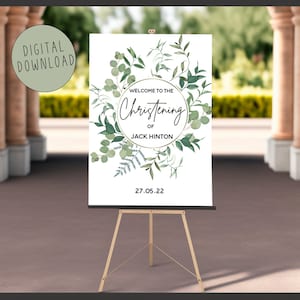 DESCARGA DIGITAL personalizada Bienvenido bebé bautizo signo, eucalipto, bautizo de niños, decoración de eventos, Baby Shower, fiesteros, niños, botánico