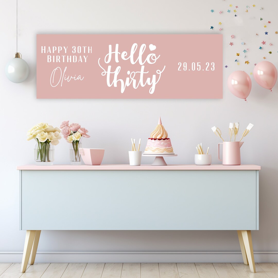 Personalised Hello Thirty Happy 30th Birthday Party Banner Pink and ...