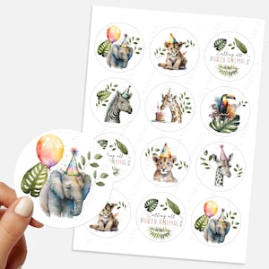 Pegatinas de animales de fiesta, Vinilo personalizado, Paquete de pegatinas redondas, Decoración de fiesta de cumpleaños para niños y niñas, Regalo para niños, Safari, Zoológico, Selva