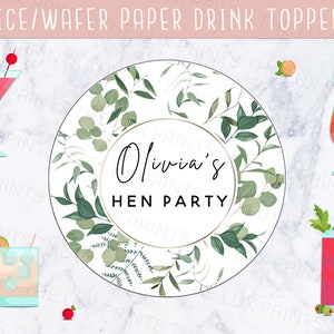 Personalised Hen Do Party Eucalyptus Drink Toppers Edible Wafer Rice Paper Botanical Floral Theme Bachelorette Party Supplies Gift Cocktail