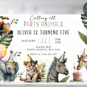 Personalised Cute Party Safari Animals Invitations DIGITAL Download Invitation Birthday Party Invites Cards Jungle Zoo Lion Elephant Zebra