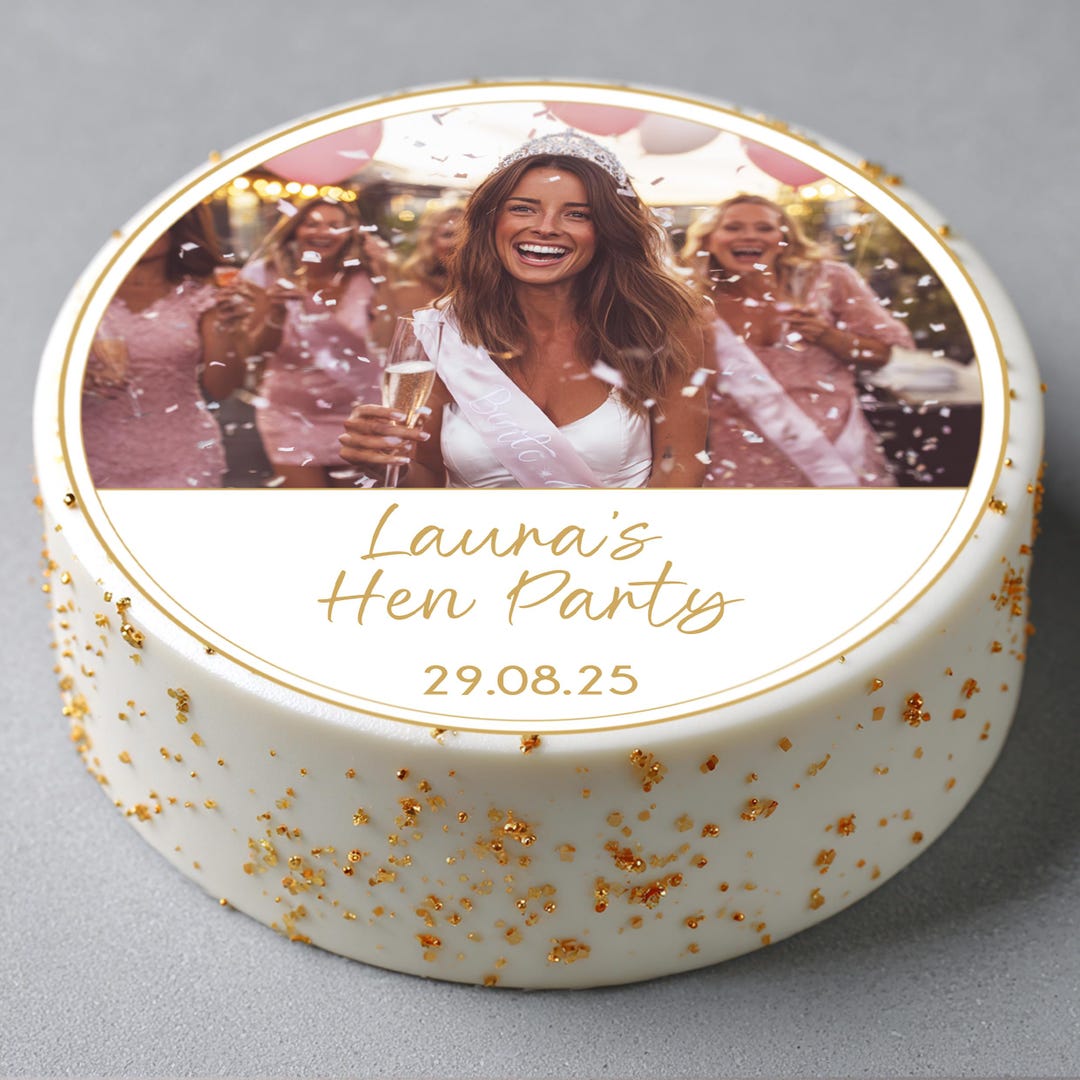 Personalised Photograph & Text Edible Cake Topper, Gold Circle , Icing ...