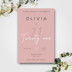 Faire-parts D1 personnalisés pour fête d'anniversaire de filles pour femmes, invitations roses, cartes, invitations pour adultes, invitation moderne, 21 invitations minimales pour enfants