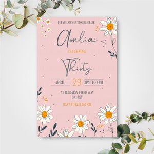 Invitations personnalisées de fête d'anniversaire Daisy D1 Invitations florales de verdure pour enfants, adultes, femmes, filles, jardin botanique moderne, rose